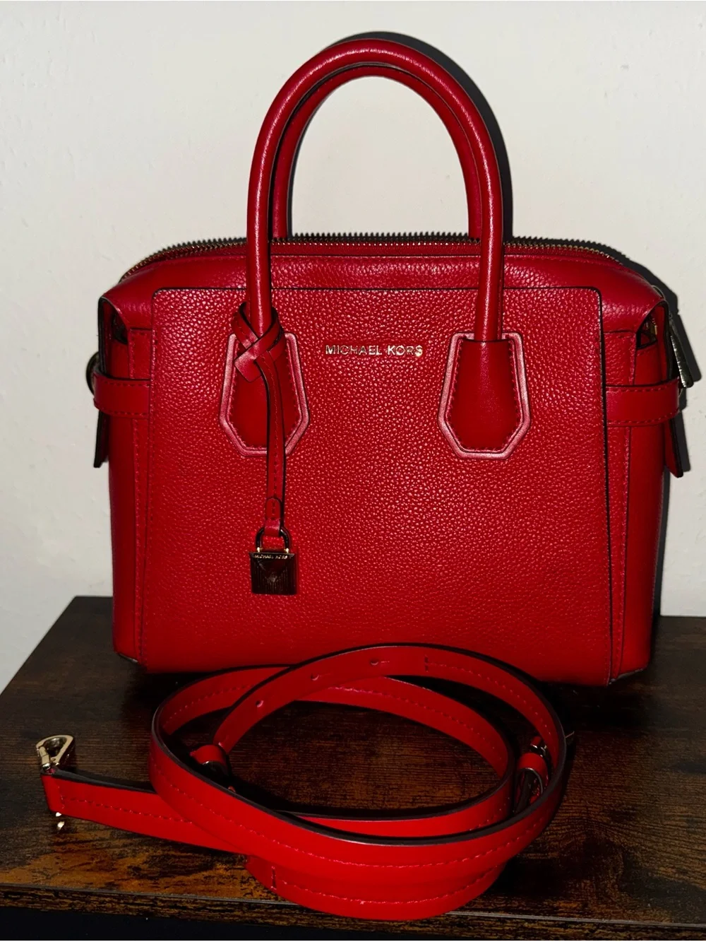 Michael Kors Bright Red Leather Satchel with Gold Hardware